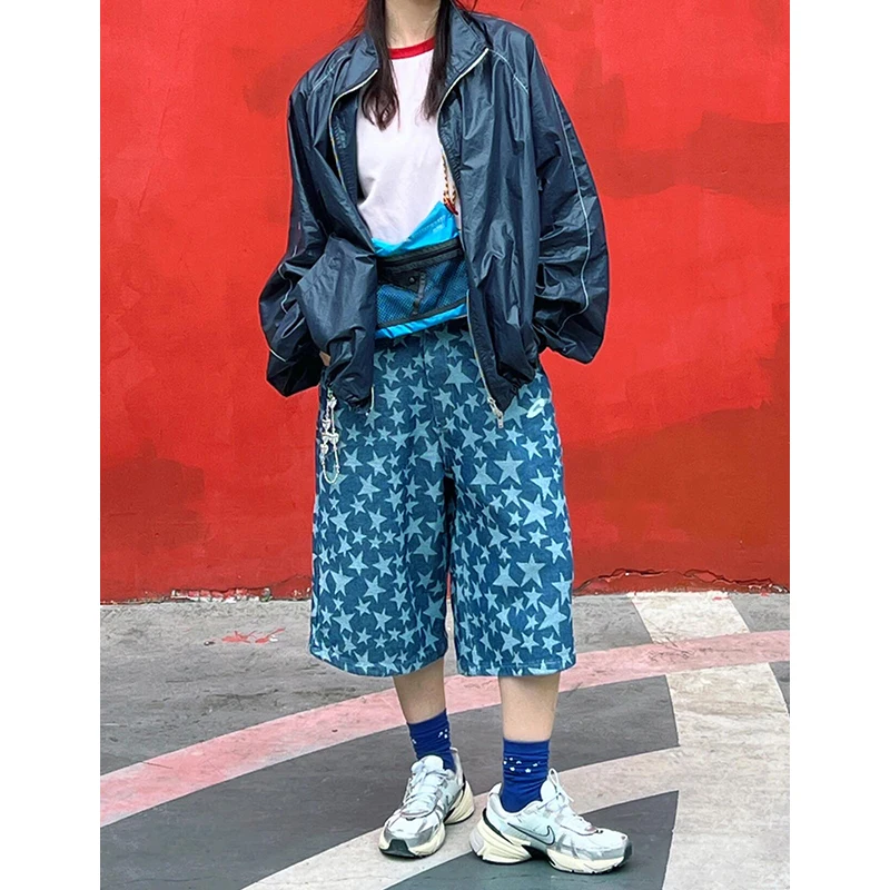 

PBAP Y2k Джинсы с принтом звезд, женские джинсы с низкой посадкой и карманами, большие размеры, повседневные широкие джинсовые шорты, винтажная летняя уличная одежда