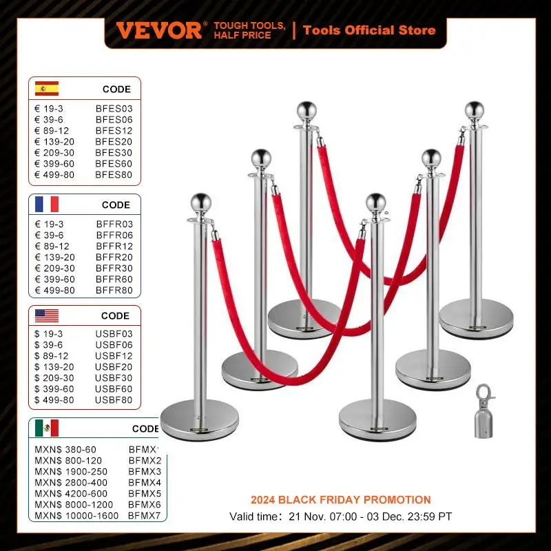 VEVOR Stanchion Post with Velvet Ropes 6-Pack Crowd Control Stanchion with 3PCS 5FT Red Velvet Ropes for Events Museums Parties