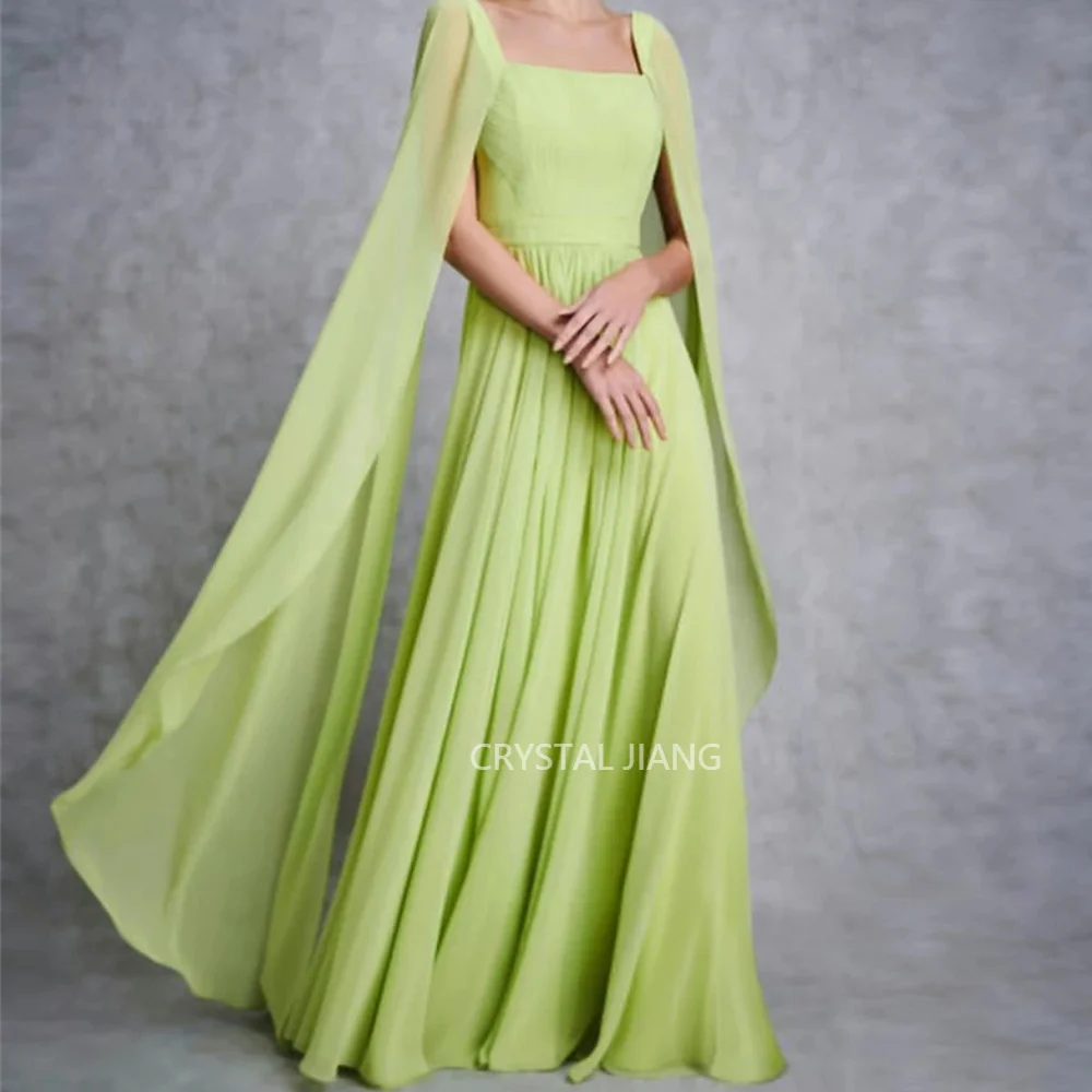 

Elegant Long Green Square Collar Chiffon Evening Dresses Full Sleeves A line Floor Length Formal Occasion Dresses