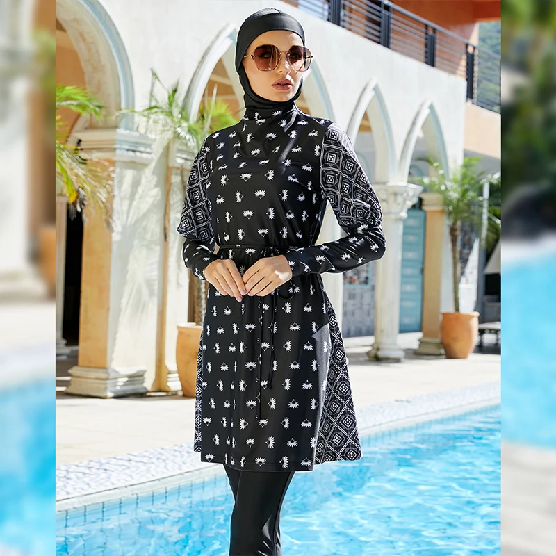 

New summer Burkini Muslim women's swimwear White printed top trousers hat three-piece swimsuit All covered conservative swimwear