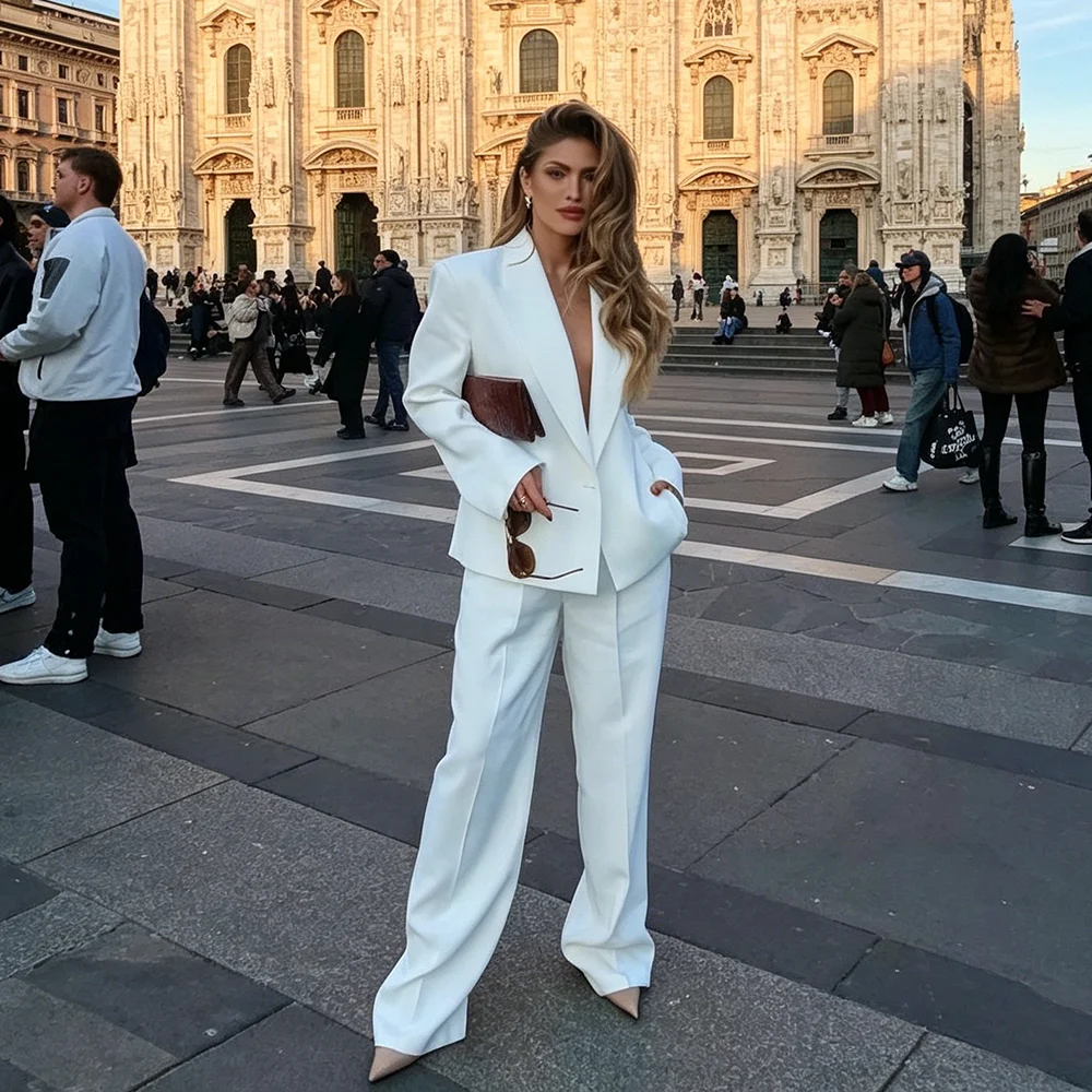 White Pants Suit Woman Luxury 2 Pieces Blazer & Wide-leg Pant Smart Casual Chic Office Female Outfit Trajes De Mujer Elegante