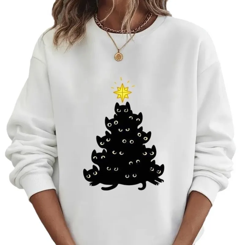 Feminino natal ano novo árvore de natal impresso velo hoodie manga longa casual pulôver streetwear moda moletom