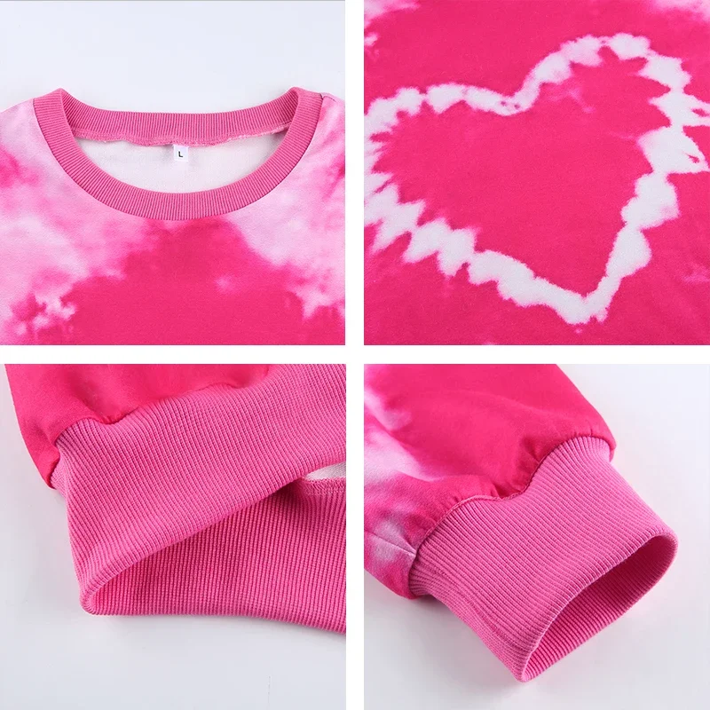 Women 2023 E-Girl Tie Dye Crewneck Long Sleeve Tops Autumn Pullovers Heart Pattern Y2K Aesthetics Pink Oversized Sweatshirts