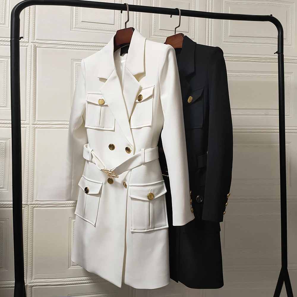 

S-3XL High Quality New Solid Color Pocket Button Lapel Long Sleeve Slim Belt Casual Commuter Women Dress Jacket