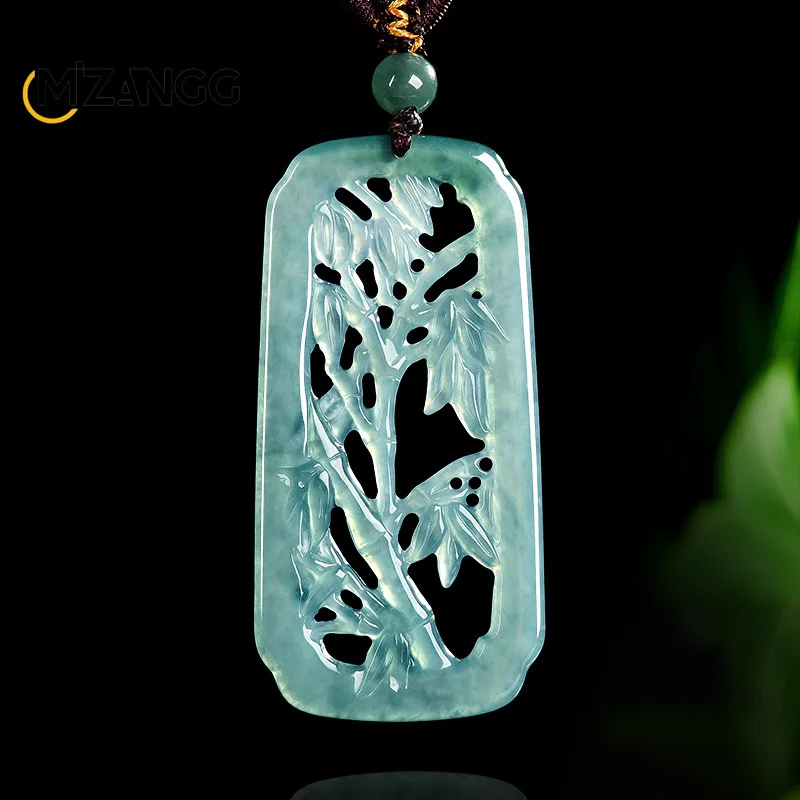 

Натуральный жадеит, голубая вода, ажурный кулон из бамбуковых суставов, изысканное роскошное ожерелье из ледяного типа из жадеита, мужской и женский праздничный подарок