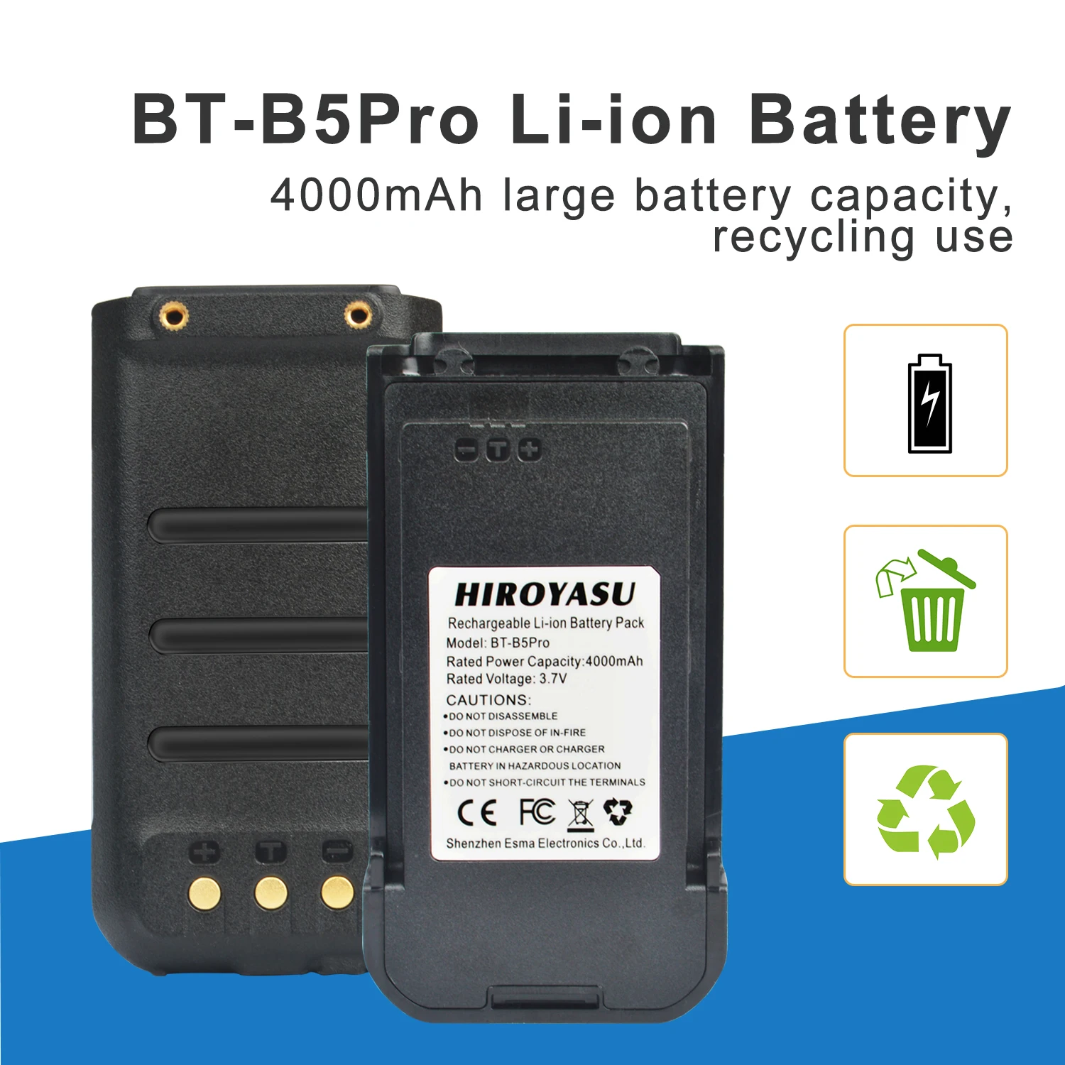 Hiroyasu HI-B5Pro PoC Walkie Talkie Battery 3.7V 4000mAh USB-C Rechargeable Li-ion Battery Pack Replacement