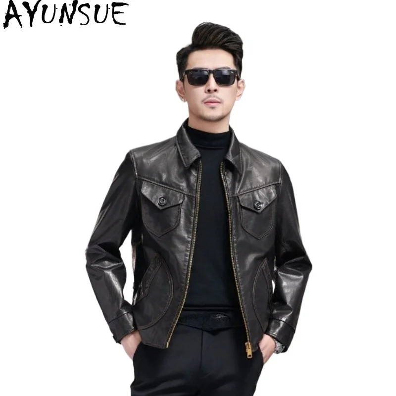 AYUNSUE Waxed Top Layer Cowhide Real Leather Coat Man 100% Genuine Leather Jacket Men Autumn Winter Fashion Motorcycle Jackets