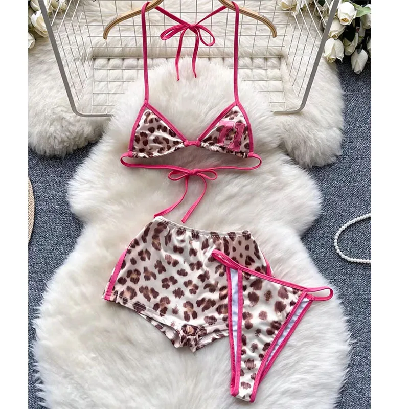 Leopard Bikini Hotsweet Three Piece Set Halter Bra+Slim Shorts+Mini Briefs  Women Lace-Up Backless Sexy Suits