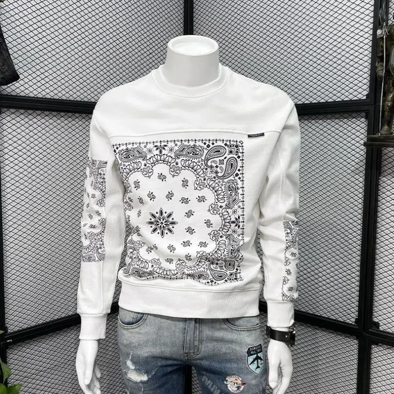 2024 Spring Autumn Trendy Brand Men's New Spliced Head O-Neck Printed Fashion Loose Minimalist Casual Long Sleeve Sweatshirts