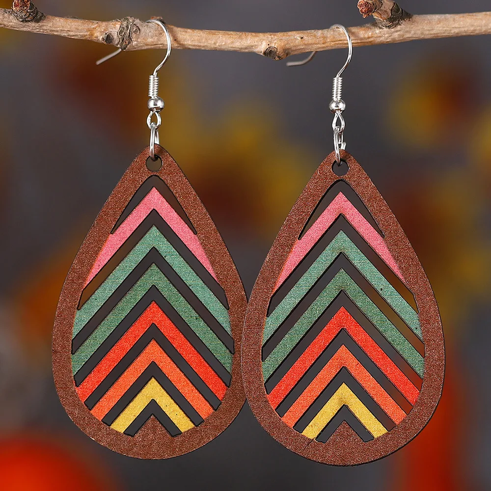 European and American new bohemian geometric hollow water drop-shaped colorful earrings double-sided wooden earring