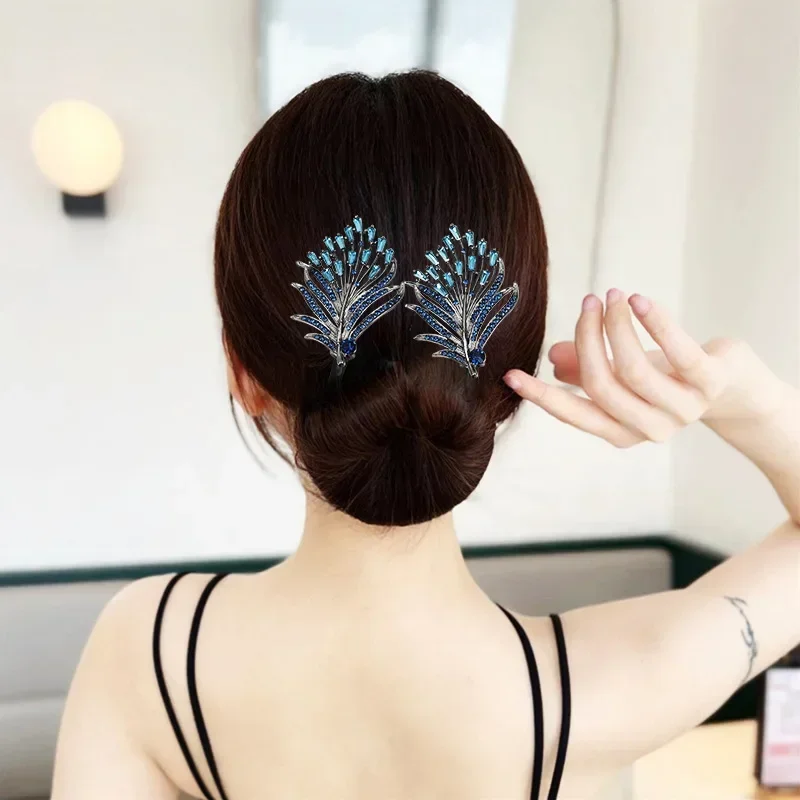 Fashion Feather Fish Tail Updo Hair Accessories for Women Luxury Zircon Feather Hairpin Lazy Man Tie Up Twist Clip Mom Headwear