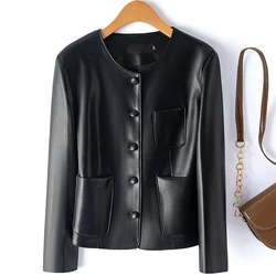 New Women Spring Autumn Leather Jacket Vintage O-Neck Single Breasted Loose Sheepskin Jacket Casual Short Coat Split Leather