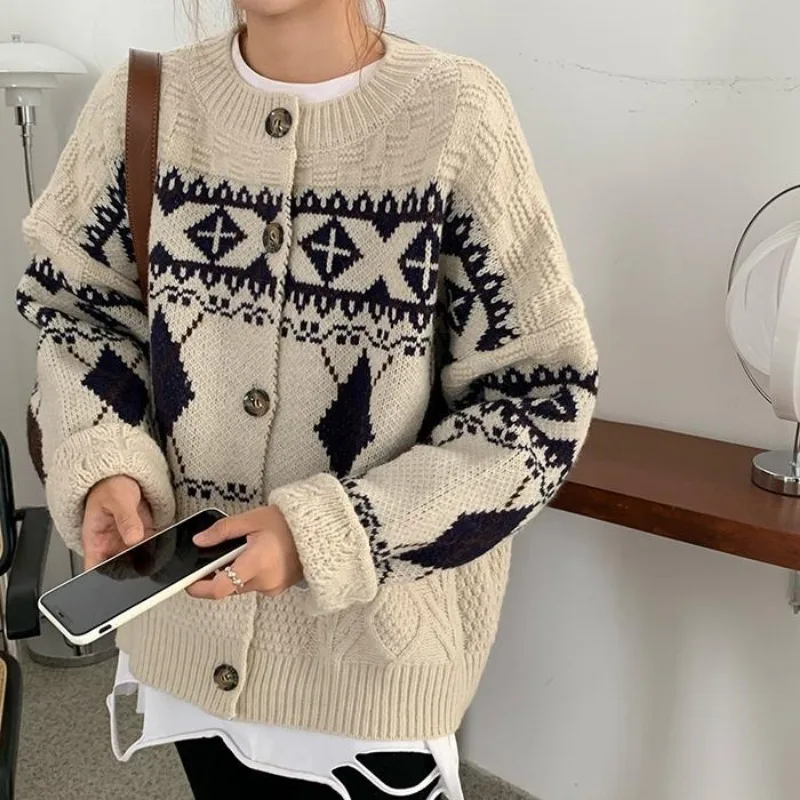 Fashion jacquard O-neck Long sleeve sweater Women Autumn Winter knitting Cardigan coat office Lady All-match trend knitting tops