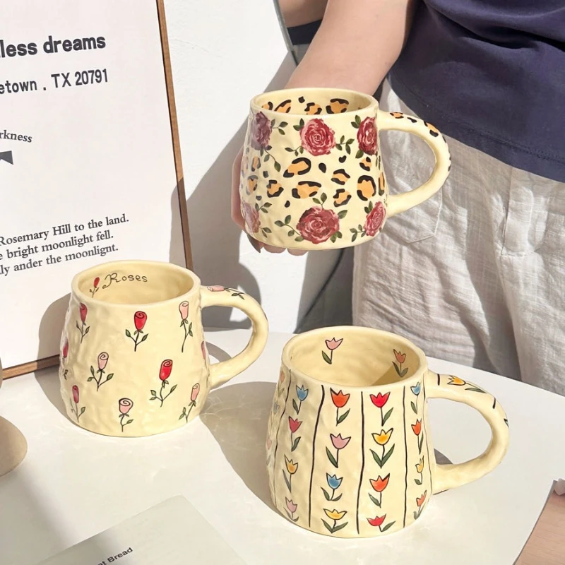 Tulip and Rose Ceramic Coffee Mug Handmade Irregular Shape for Tea Water Home Use Unique Design Gift