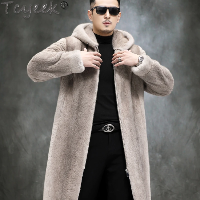 Tcyeek Winter Long Mink Fur Coat Man Hooded Warm Real Fur Jacket Men Clothes Fashion Casual Natural Mink Fur High Quality Coats