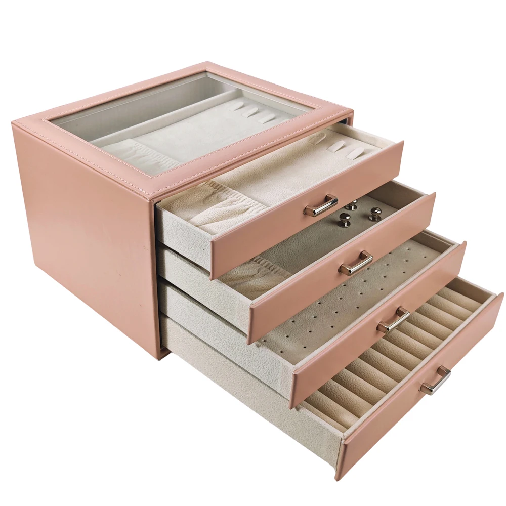 

Новый 4-слойный органайзер для ювелирных изделий из искусственной кожи, большое кольцо, ожерелье, держатель для макияжа, кожаная шкатулка для драгоценностей с замком для женщин