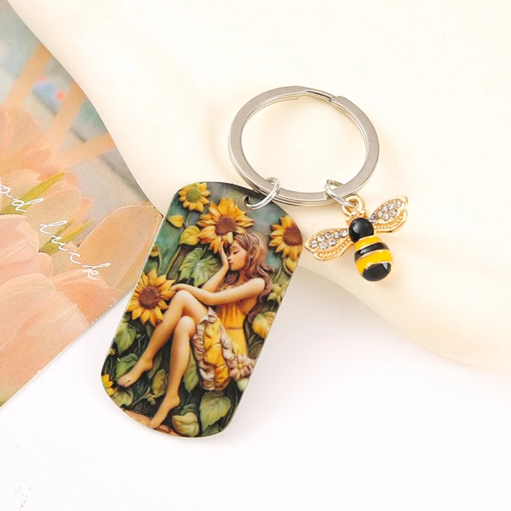 Sunflower Girl Stainless Steel Keychain Oil Painting Girl Born in The Sun Bag Decorations Stainless Steel Metal Bag Pendant