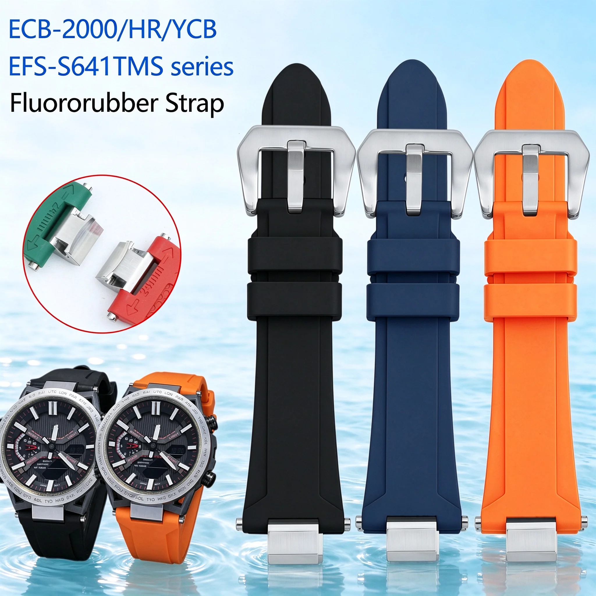 For Casio ECB-2000/HR/YCB EFS-S641TMS Series Modified Fluororubber Watchband Men's Waterproof Bracelet with Metal Adapter Strap