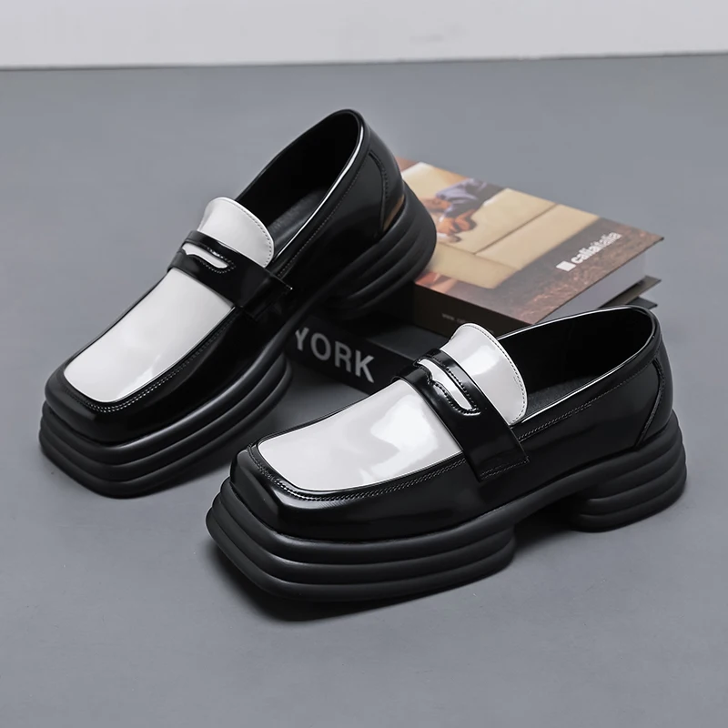 

Luxury Business Shoes Men Square-Toe Designer Leather Casual Shoes Slip-on Social Party Shoes Fashion Thick Sole Men's Loafers
