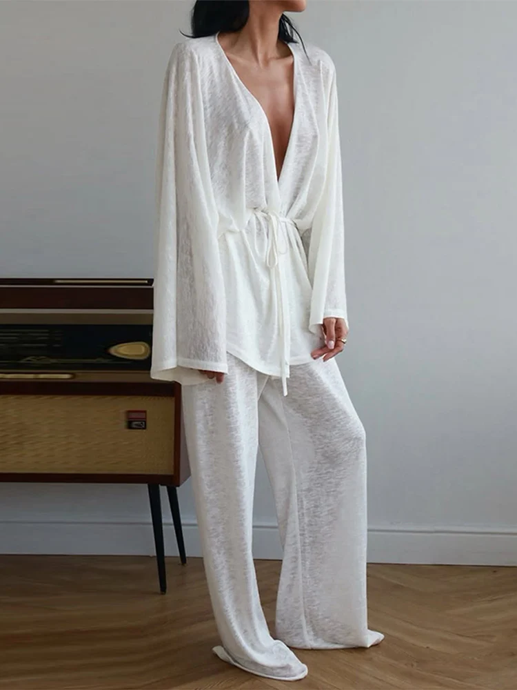 Loose Women's Lace Up Full Sleeve Long Pants Set Casual Female Open Top Wide Leg Pant 2026 Spring Summer Lady Solid Color Suit view 5