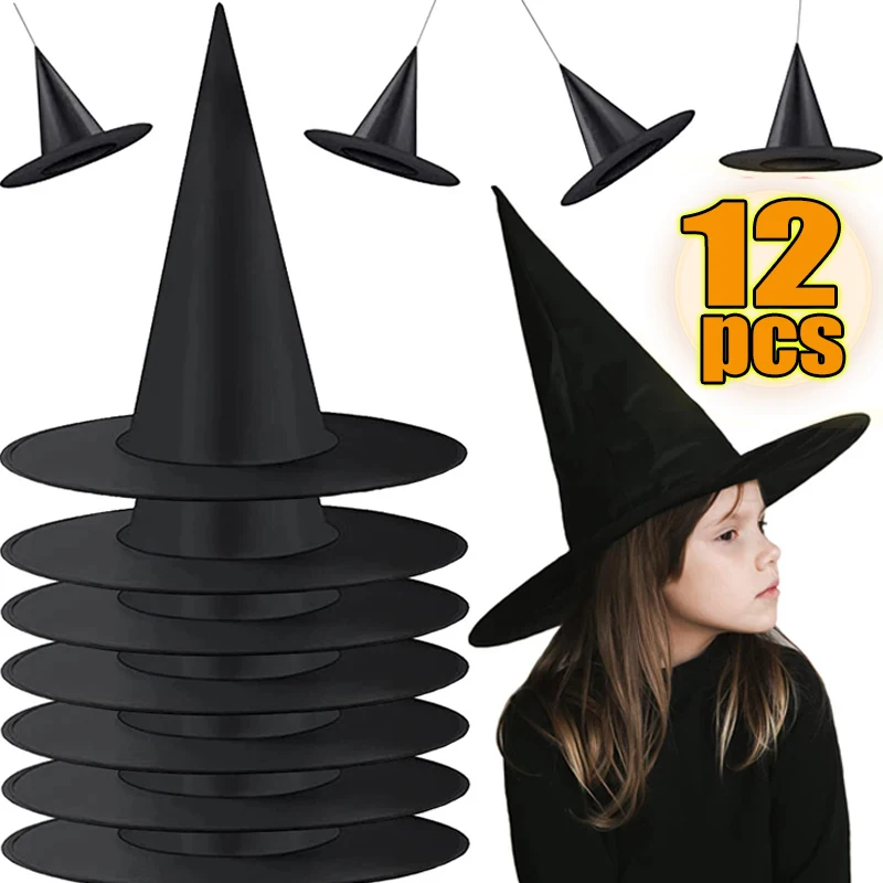 1-12pcs Halloween Witch Hat bambini adulti Halloween Party Cosplay Costume puntelli decorazione Black Wizard Cap Yard Hanging Witch Hat