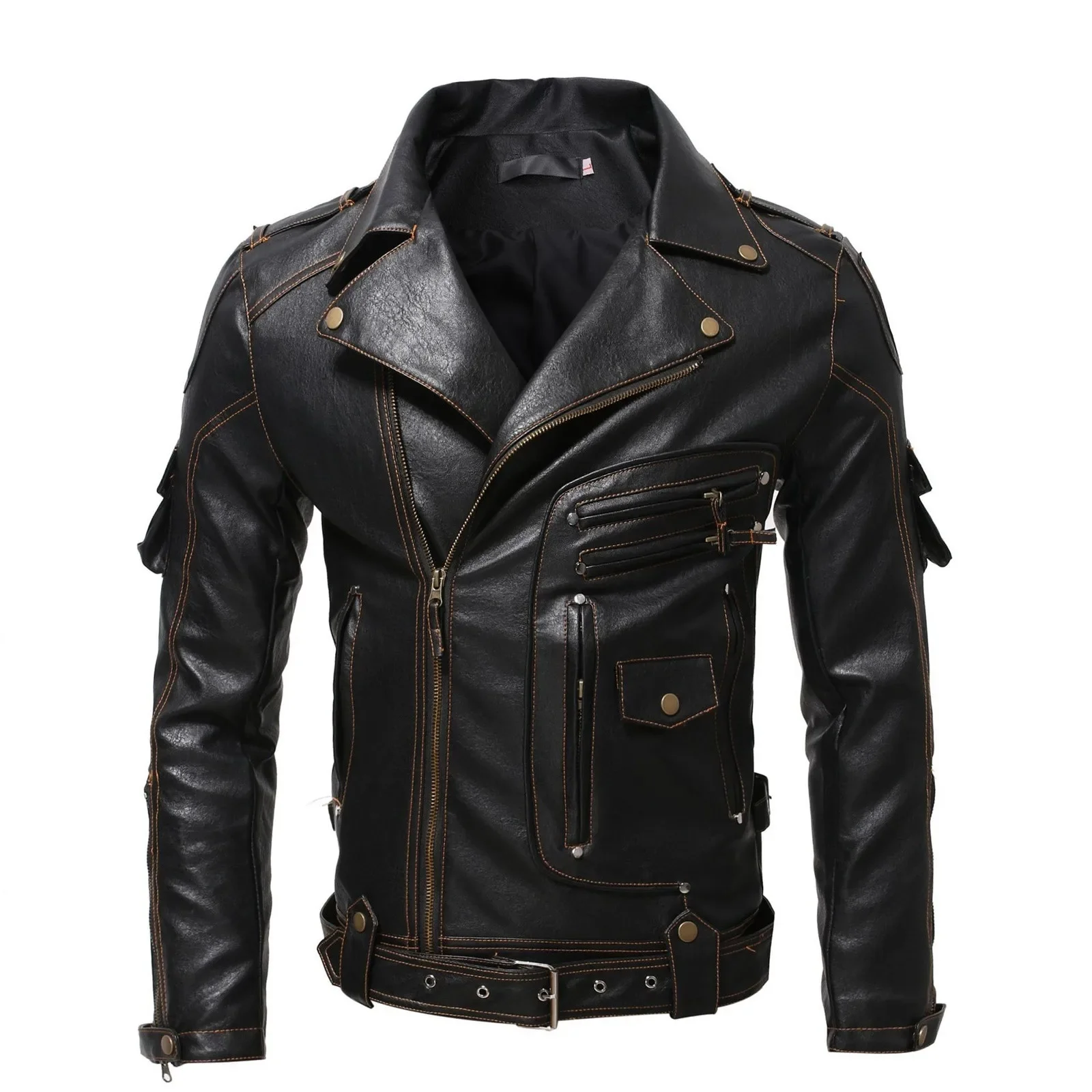 Vintage Ghost Rider Motorcycle Multi-Zip Jacket Lapel Pu Parka Plus Size Fat Singer Show Leather Man