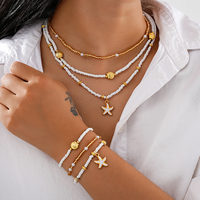 6Pcs/Set Rice Beaded Shell Starfish Pendant Necklace Bracelets Bohemian Elegant Gold White Color Jewelry Set Holiday Accessories