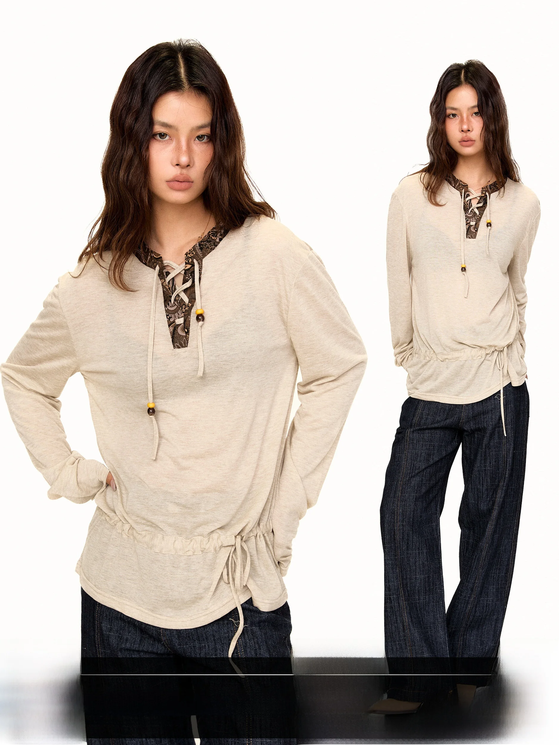Loose Long Sleeve T-Shirt Women's Lazy Style Drawstring Henry Collar Tie Dye UV Protection Cover up Top Fashionable Casual Wear