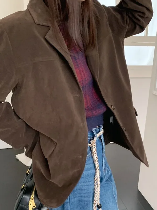 Retro Chic Lange Sve Revers Single Button frauen Casual Jaet Oberbekleidung Deer Haut Samt Lose Fit Koreanische Sle Mantel