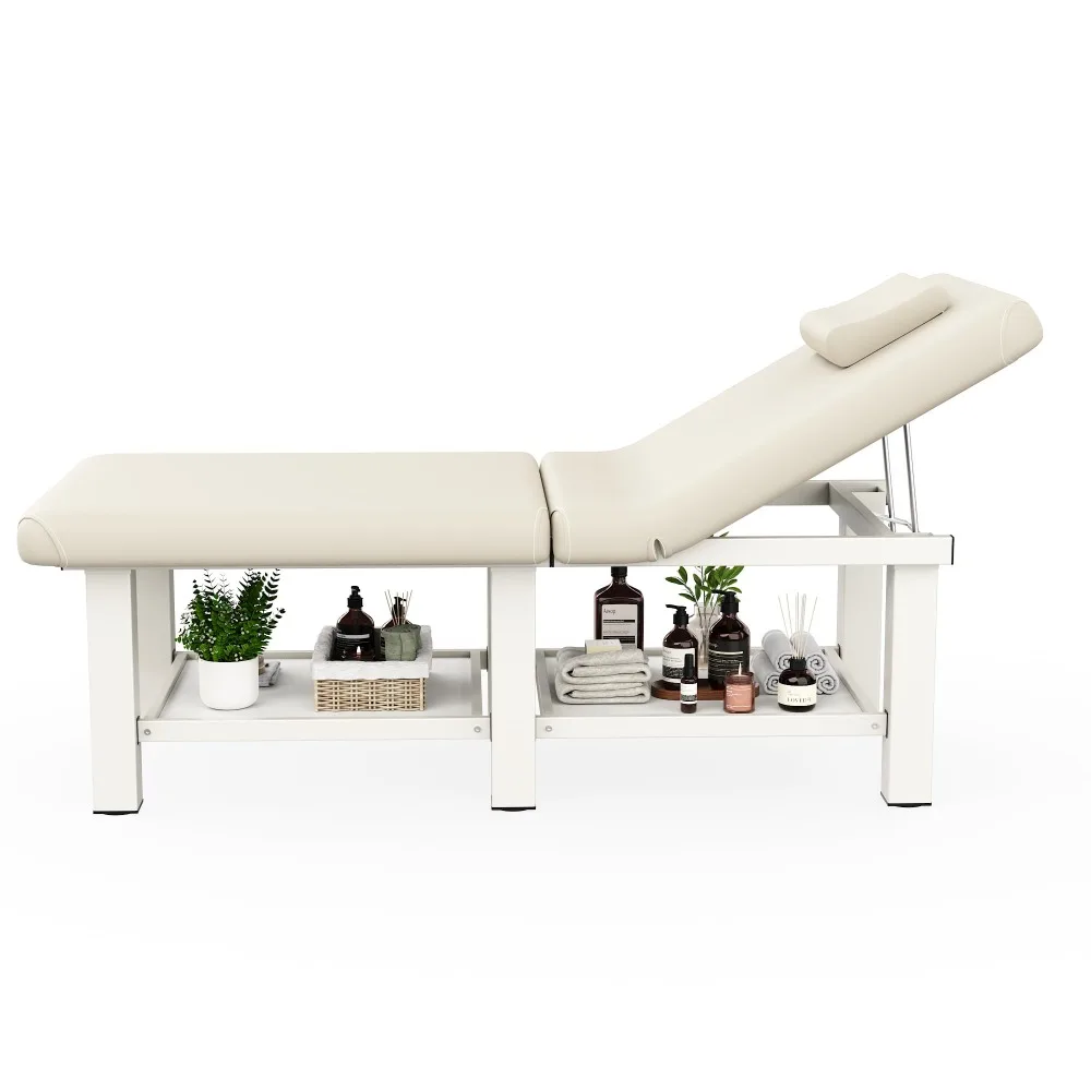 30.5in Wide × 75in Long Stationary Massage Table with Backrest and Storage Space, Metal Frame PU Leather for Treatment