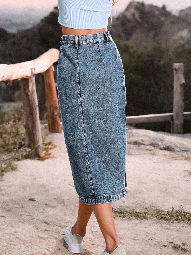 Imagem -06 - Botões Femininos Denim Midi Saia Linha a Divisão Lateral Cintura Alta Senhora do Escritório Preto Azul Saias Longas de Jean Outono Inverno 2023