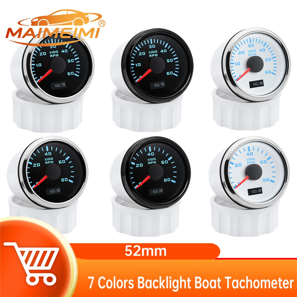 52mm 7 Colors Backlight Boat Tachometer 6000RPM/8000RPM with Hourmeter Gauge Waterproof RPM Gauge Boat Accessories Marine