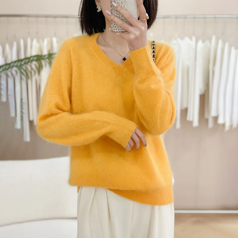 

New Women Cashmere (80% Cashmere + 20% Mulberry Silk) V-neck Sweater