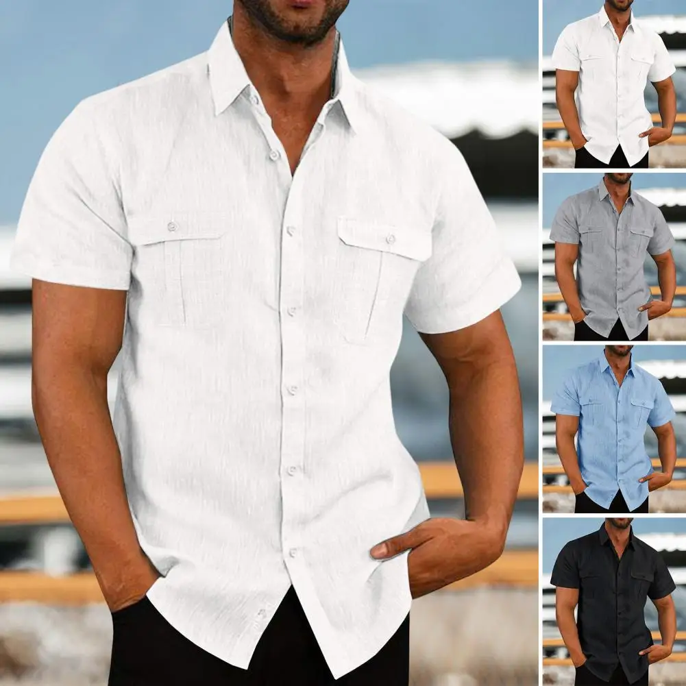 Cotton Linen Hot Sale Men Short-Sleeved Shirts Summer Solid Color Stand-Up Collar Casual Beach Style Plus Size Male Shirts