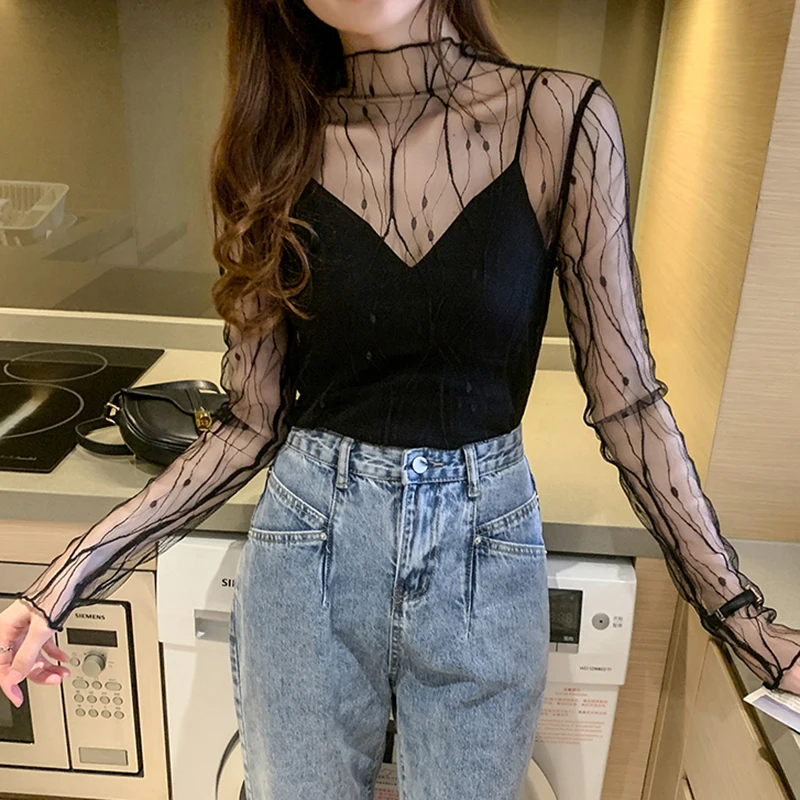 

2024 Women Sexy Lace See Through Casual Mesh Pattern Tops Summer Korean Mesh T-Shirts for Female Girls Black White Beige Tops