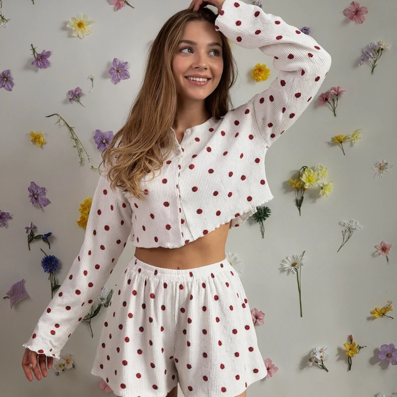 

Chic Strawberries Print Pajama Set For Women Long-Sleeve Buttons Crop Top And Loose Shorts Breathable Sleepwear Casual Attire Pj