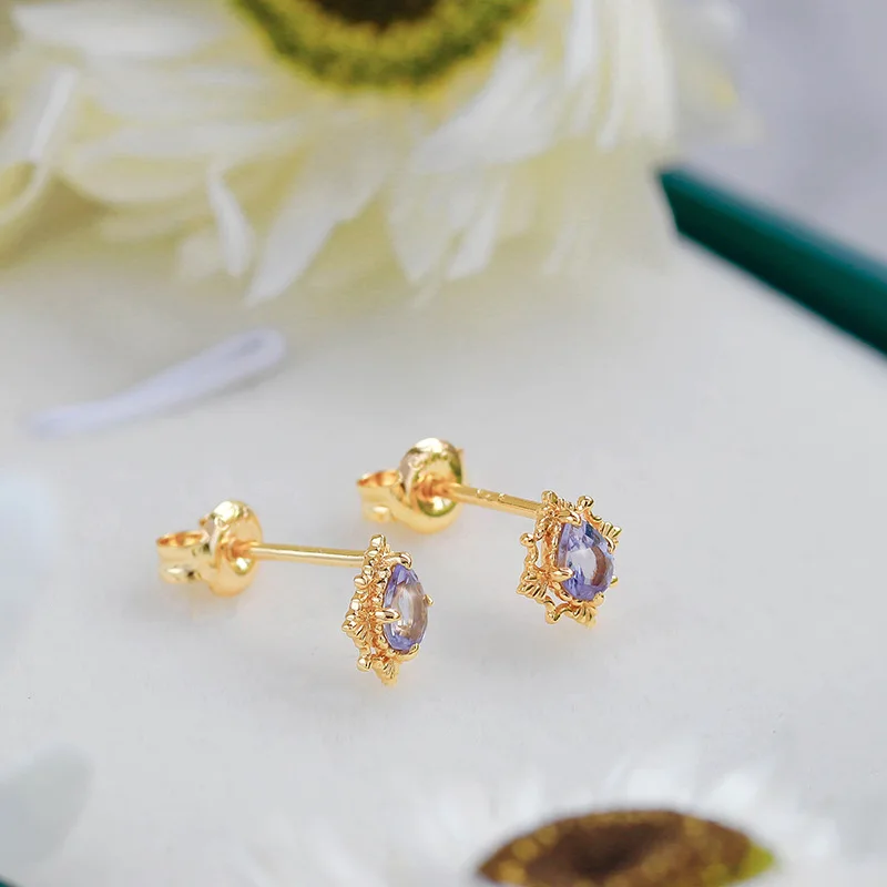 LAMOON Natural Tanzanite Earrings For Women Gemstone Stud Earring S925 Silver Gold Plated Vintage Exquisite Bijou Accessories