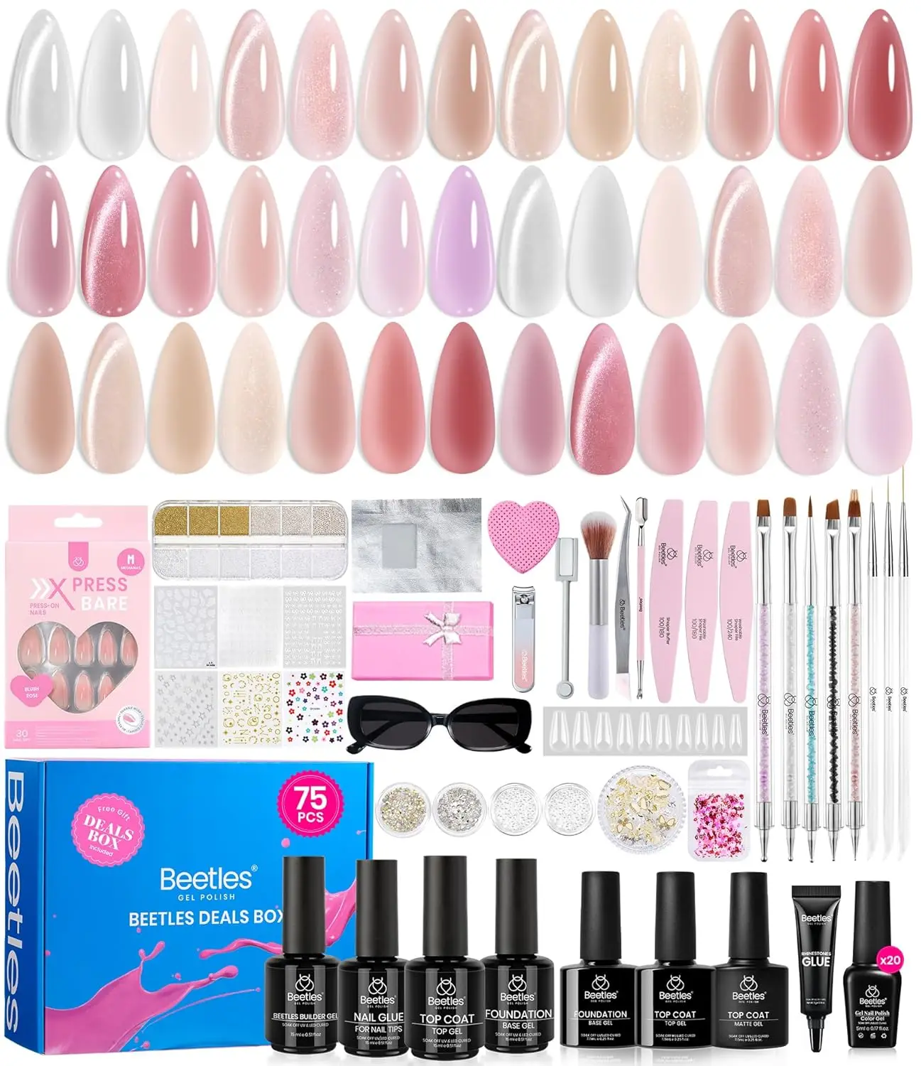 

75-Piece Jelly Gel Nail Polish Set - Christmas Gift Box with Nude Sands Collection, Cat Eye & Glitter Shades