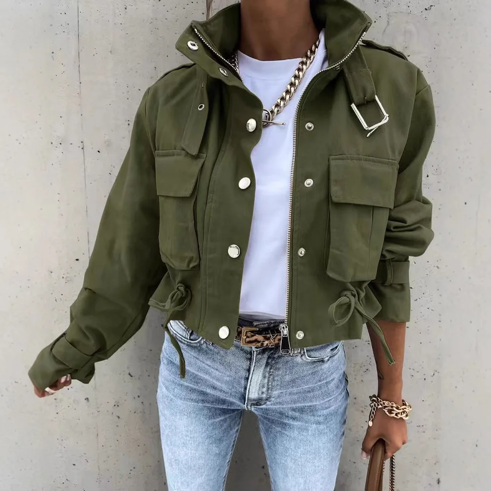 

Woman Jacket Clothing Streetwear Autumn &winter Elegant Slim Round Neck Solid Pocket Button Design Long Sleeve Workwear Coats