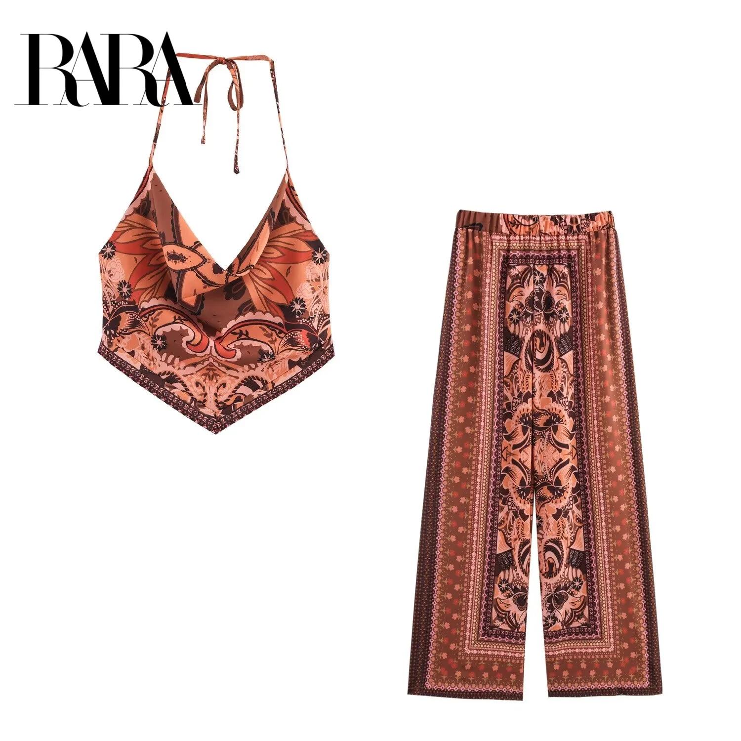 

RARA 2025 New Arrival Women's Halter Neck Knot - Front Top and Elastic - Waist Wide - Leg Pants Set for Summer Vacation Wear