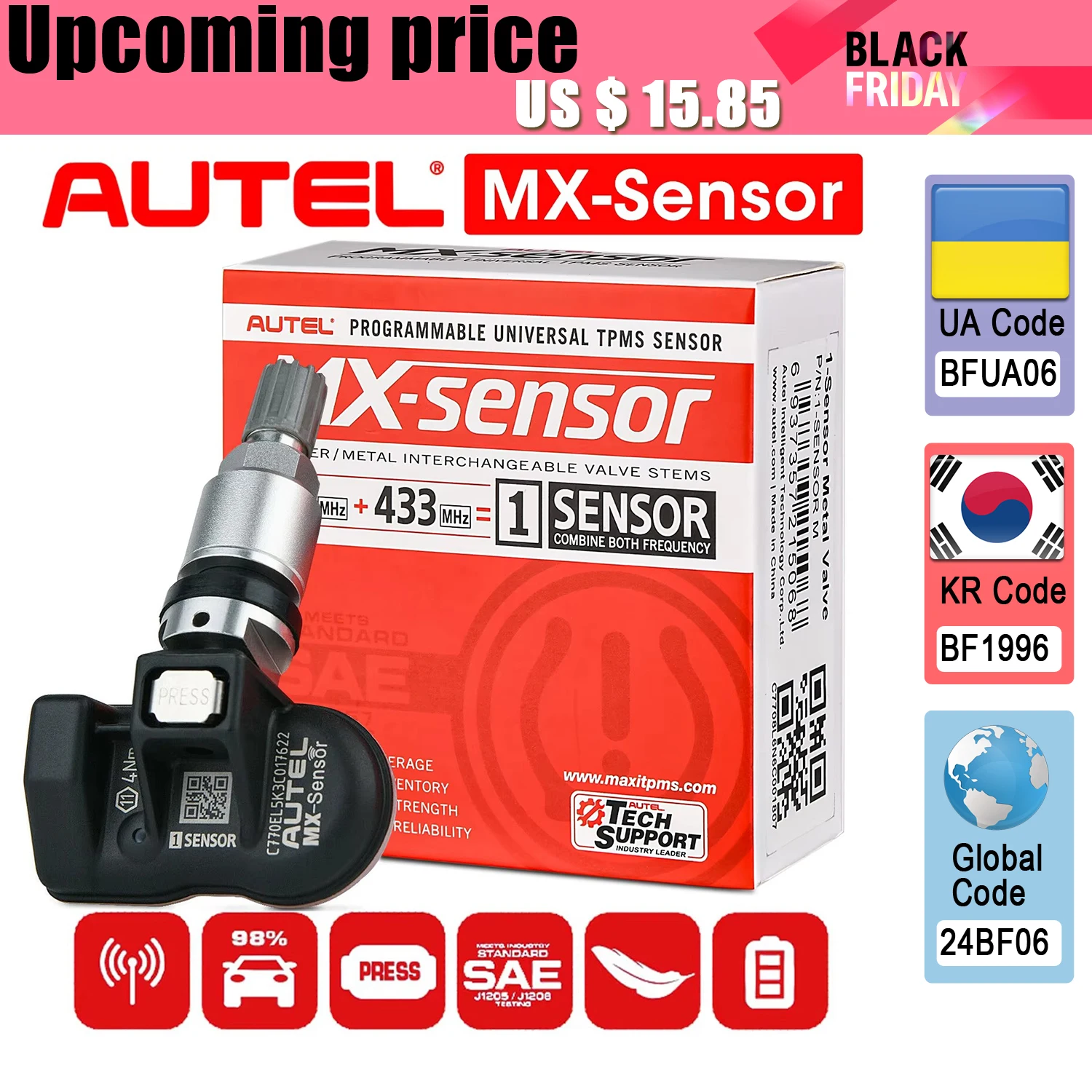 Autel TPMS MX Sensor 315MHz 433MHz Sensor 2in1 Clone-able Programming Sensors For TS501 TS508 Tire Pressure Monitoring Car Tool