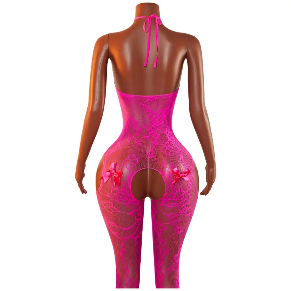 

Hot Pink Open Crotch Fishnet Bodystocking Sheer Full Body Net Lingerie for Women Sexy See-Through Nightclub Exotic Costume