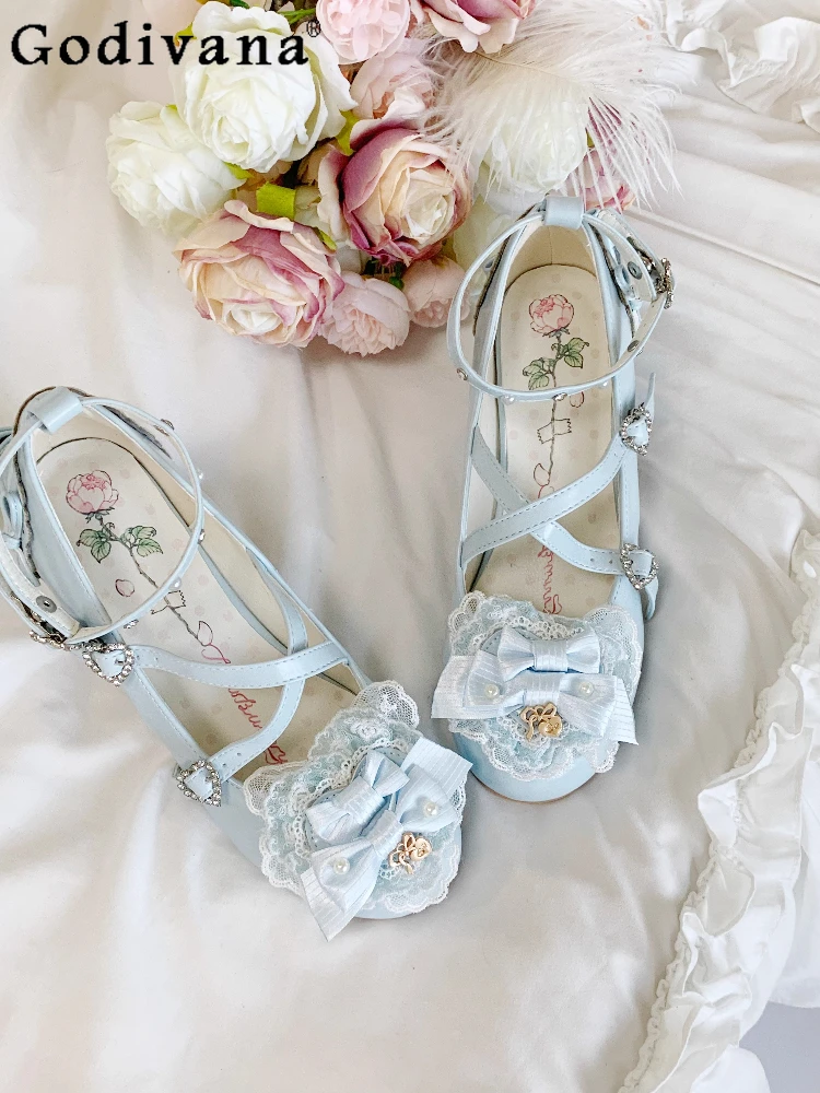 

2025 Summer New Sweet Elegant Lady Japanese Original Lolita High Heels Heart Bow Round Toe Fashion Versatile Mary Jane Shoes