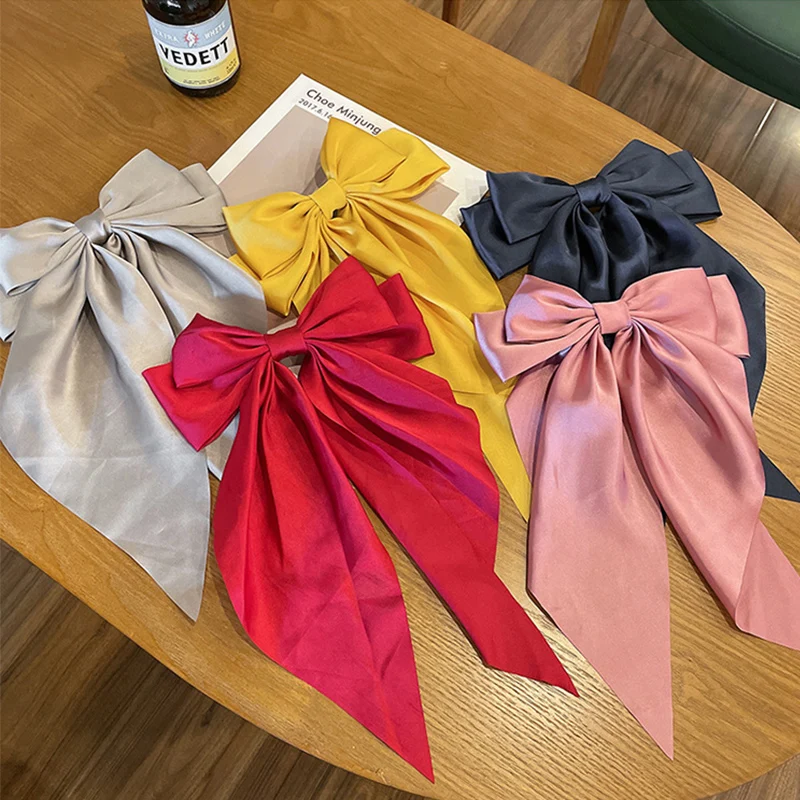 Elegant Large Bow Ribbon Hair Clip for Women Fashion Simple Solid Satin Spring Clip Ponytail Bow Hairpin Girls Hair Accessories