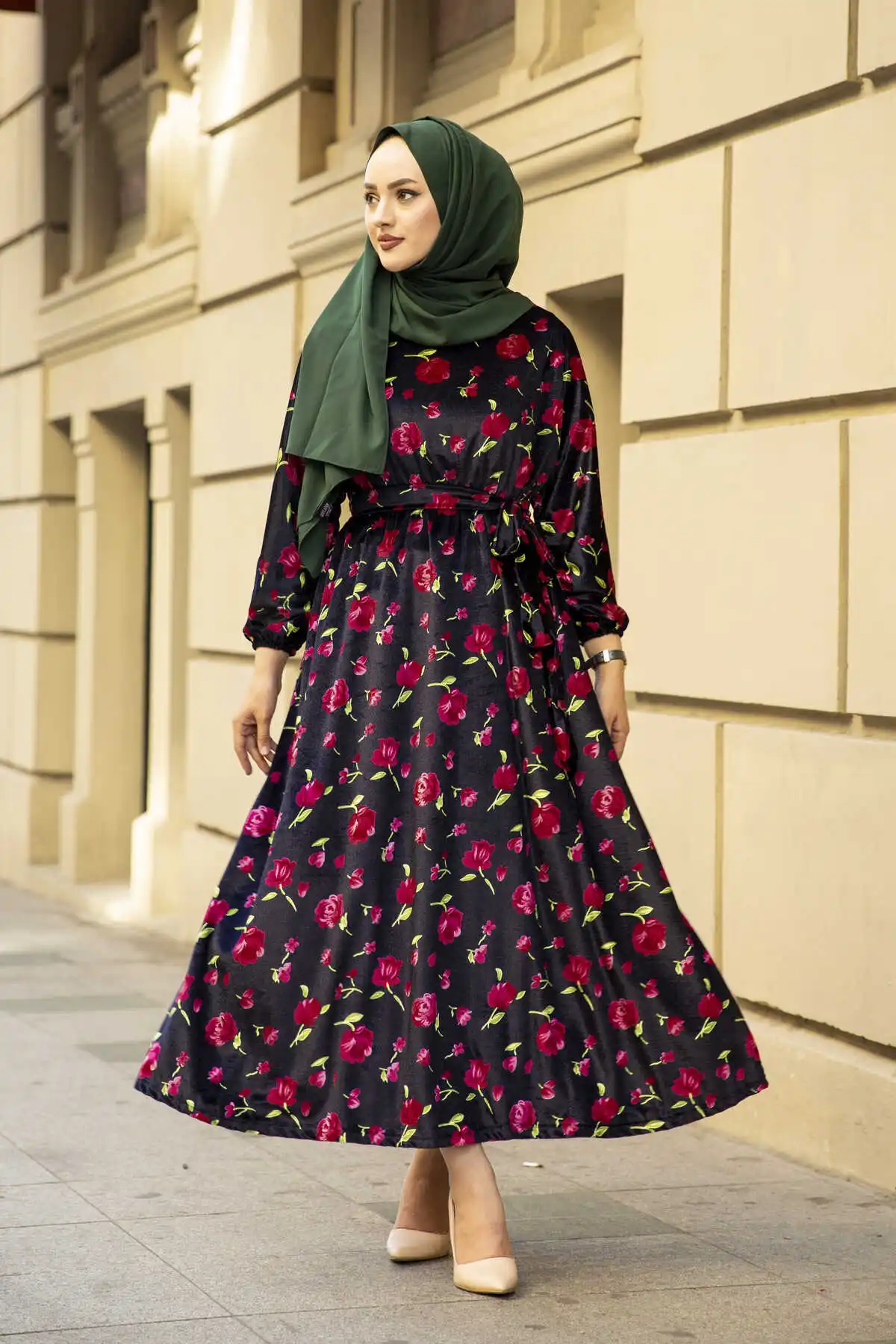 Women's Dress Velvet Floral dresses for women kaftan abaya women long Muslim dress Muslim women hijab abayas