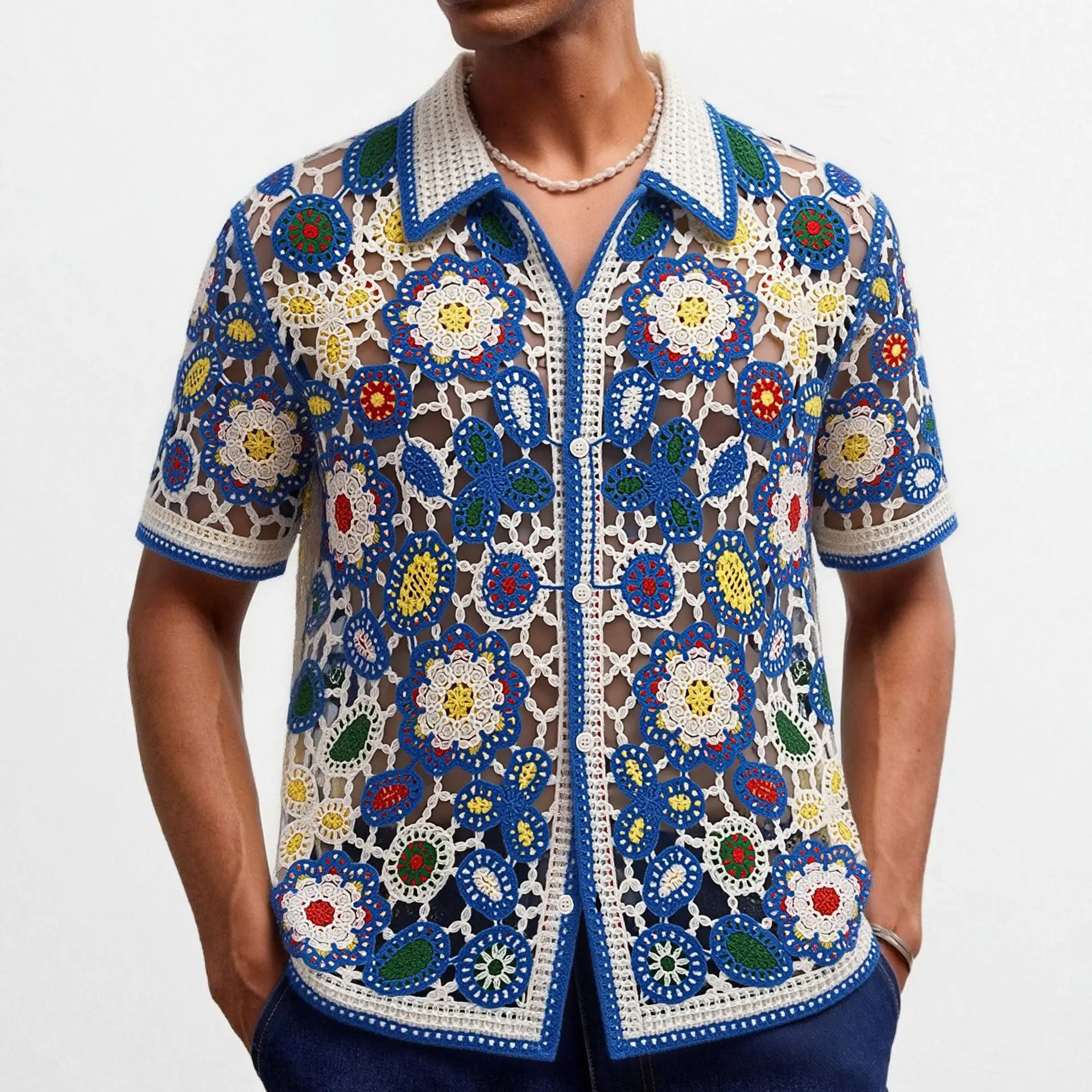 Men's Blue Crochet Hollow Knitted POLO Shirt Bohemian Vacation Short Sleeve Cardigan Men's