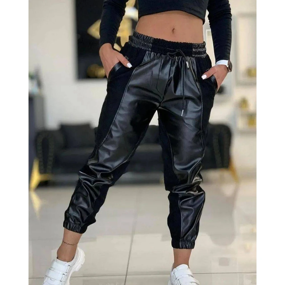 Spring Women Contrast PU Leather Drawstring Cuffed Pants 2022 New Sexy Femme High Waist Skinny Pocket Trousers Lady Clothing