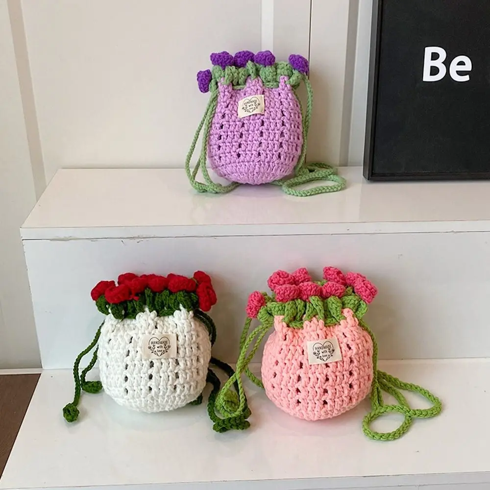 

Bohemian Rose Bouquet Weave Bag Cotton Rope Hollow Out Flower Shoulder Bag Large Capacity Crochet Knitted Crossbody Bag