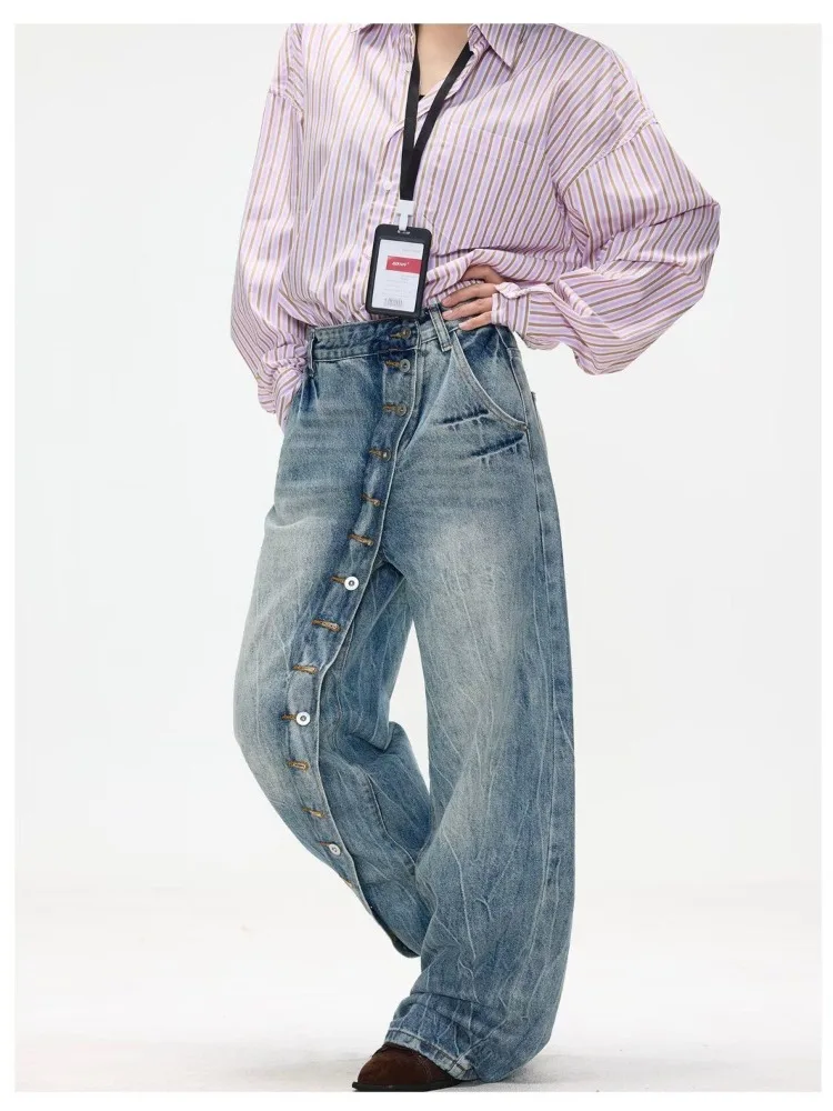 Women's Single-breasted Design Denim Jeans Cool Girl Wide Leg Sweatpants Unisex Trousers Female High Waisted Fashionable Pants