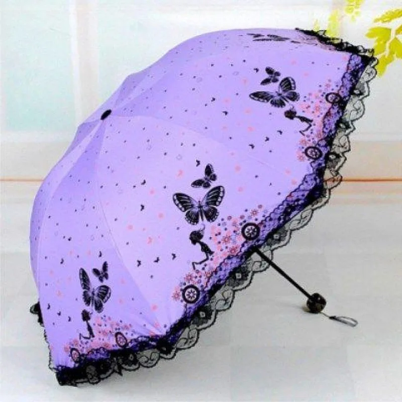 Butterfly Lace Printed Sunshade Umbrella For Both Rain And Sunshine, Triple Fold Wind Resistant Sunshade Umbrella